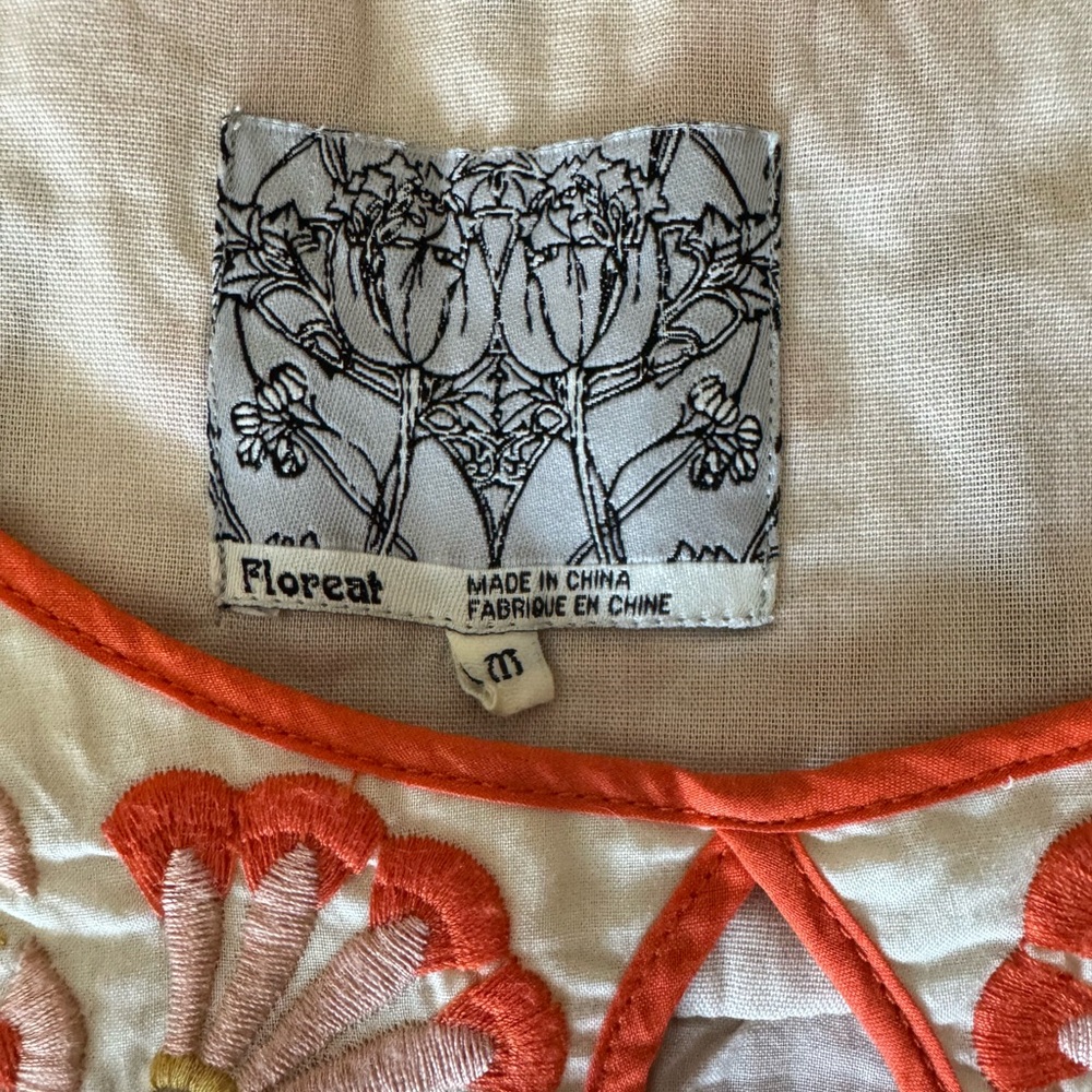 Anthropologie Floreat dress with Orange Floral Embroidery and button detail